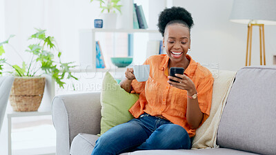 Buy stock photo Coffee, woman and laugh with phone on sofa, reading social media post and mobile chat at home. Happy african person drinking tea, scroll multimedia connection and funny meme online with smartphone