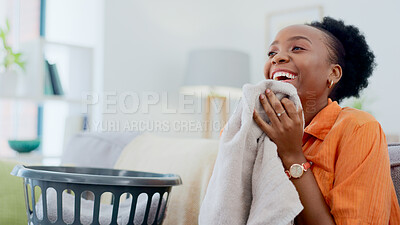 Buy stock photo Clean, smell and happy woman with laundry in home or basket with clothes, linen or maid spring cleaning in apartment. Black person, washing or clothing with detergent or cleaner scent on fresh fabric