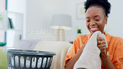 Buy stock photo Clean, laundry and black woman with basket in home for clothes, linen or maid with spring cleaning in apartment. Washing, clothing and happy cleaner in house to wash bedding, towel or dirty fabric