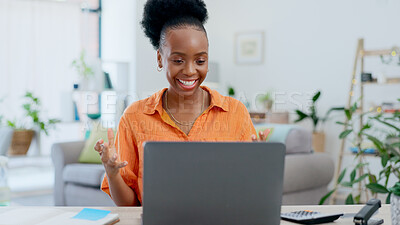 Buy stock photo Woman, laptop and video call for work from home, planning and webinar discussion in freelancer marketing career. Happy African worker talking on computer or virtual, online meeting in her living room