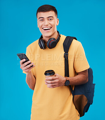 Buy stock photo Student, man and smile with phone, coffee and portrait in studio by blue background. Male, ready and portrait for university, scholarship and education, smartphone and online registration on web