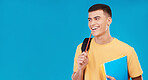 Man, student thinking and happy ideas for college, university or scholarship books and research solution in studio mockup. Person goals, planning and vision for learning on blue background and banner