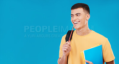 Buy stock photo Man, student thinking and happy ideas for college, university or scholarship books and research solution in studio mockup. Person goals, planning and vision for learning on blue background and banner