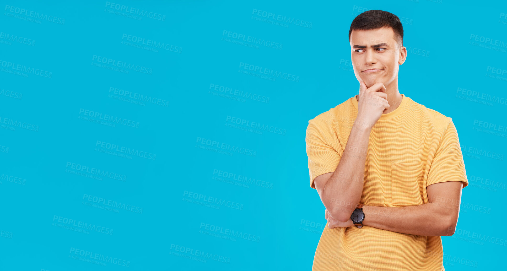 Buy stock photo Thinking, inspiration and ideas, confused man in studio with future or solution on blue background. Why, question with problem solving and remember, mockup space with insight and memory or doubt