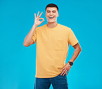 Pefect sign, happy and portrait of a man on a blue background for a review, feedback or emoji icon. Happy, agreement and a person with a gesture in studio for success, opinion or ok approval