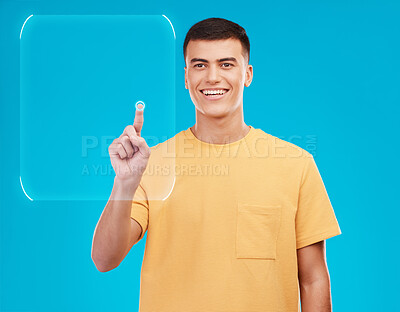 Buy stock photo Man, fingerprint and identity, registration and biometric with technology and hologram on blue background. Security, password and privacy with lock, press on screen and user with safety in studio