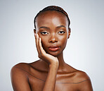 Portrait of black woman, natural beauty or shine with wellness in studio with cosmetics or glow. Dermatology, clean face or confident African girl model with skincare results on white background