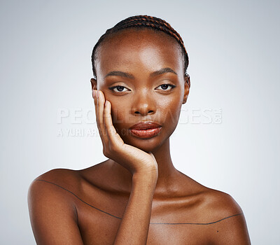 Buy stock photo Portrait of black woman, natural beauty or shine with wellness in studio with cosmetics or glow. Dermatology, clean face or confident African girl model with skincare results on white background
