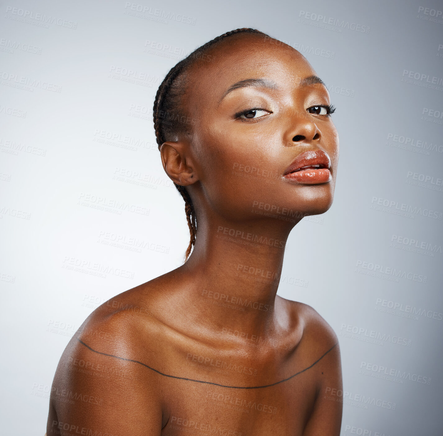 Buy stock photo Portrait of black woman, natural beauty or wellness for healthy skin in studio with cosmetics or glow. Dermatology, aesthetic or confident African girl model with skincare results on white background