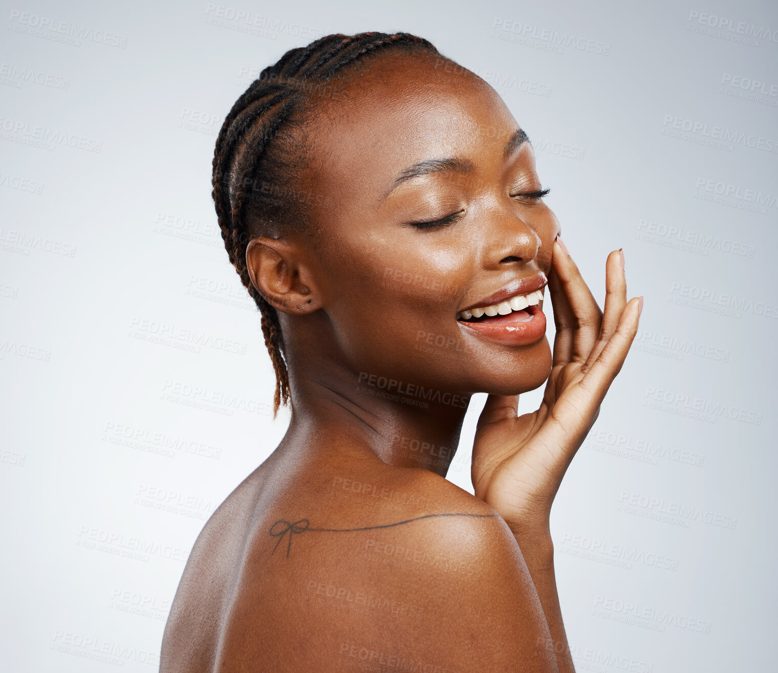 Buy stock photo Happy black woman, natural skincare or wellness in studio with a smooth shine, smile or glow. Beauty, clean detox or confident African girl model with pride or dermatology results on white background