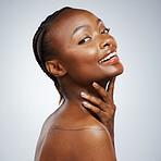 Portrait of black woman, natural smile or wellness in studio with dermatology cosmetics or glow. Face beauty, clean detox or happy African girl model with skincare health results on white background