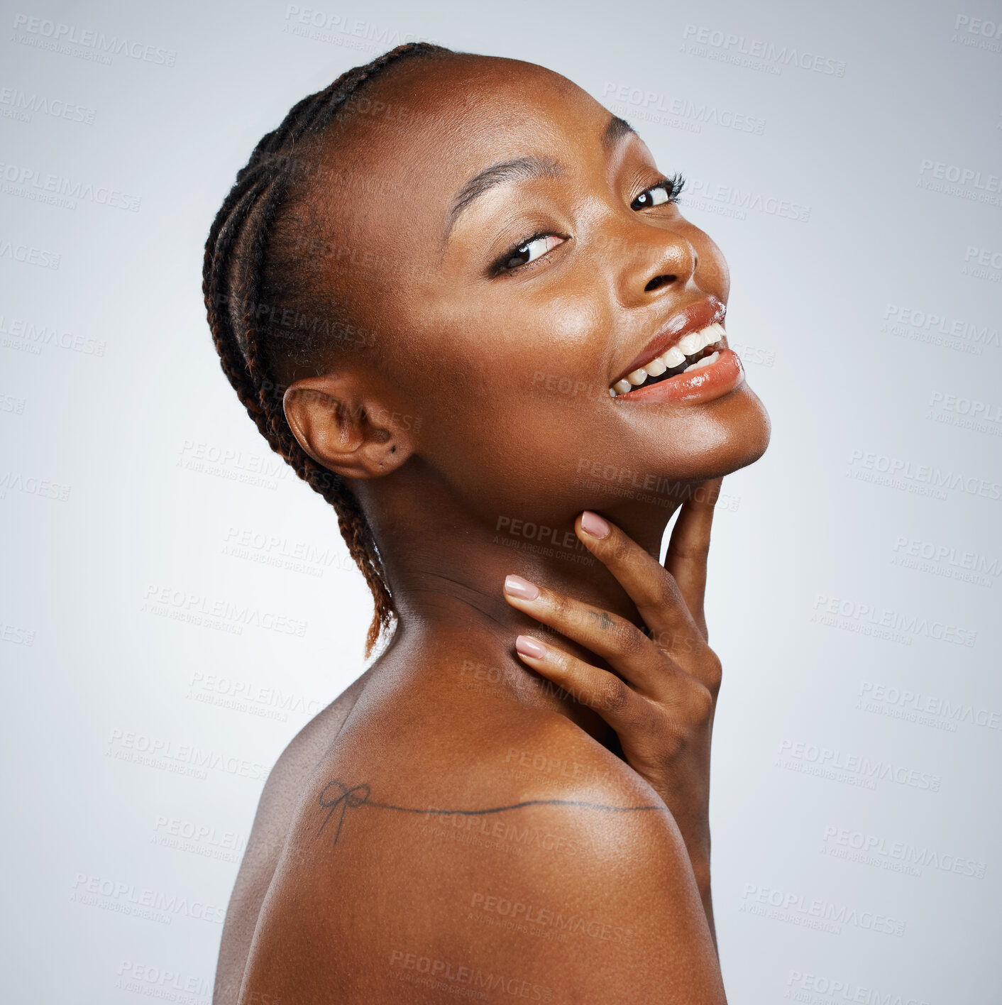 Buy stock photo Portrait of black woman, smile or skincare wellness in studio with dermatology cosmetics or glow. Face beauty, clean or happy African girl model with facial health results on white background