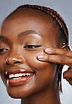 Happy black woman, skincare beauty or smile for wellness in studio with facial cosmetics or glow. Clean detox, smooth or confident African girl model with dermatology results on white background
