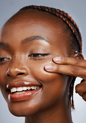 Buy stock photo Happy black woman, skincare beauty or smile for wellness in studio with facial cosmetics or glow. Clean detox, smooth or confident African girl model with dermatology results on white background