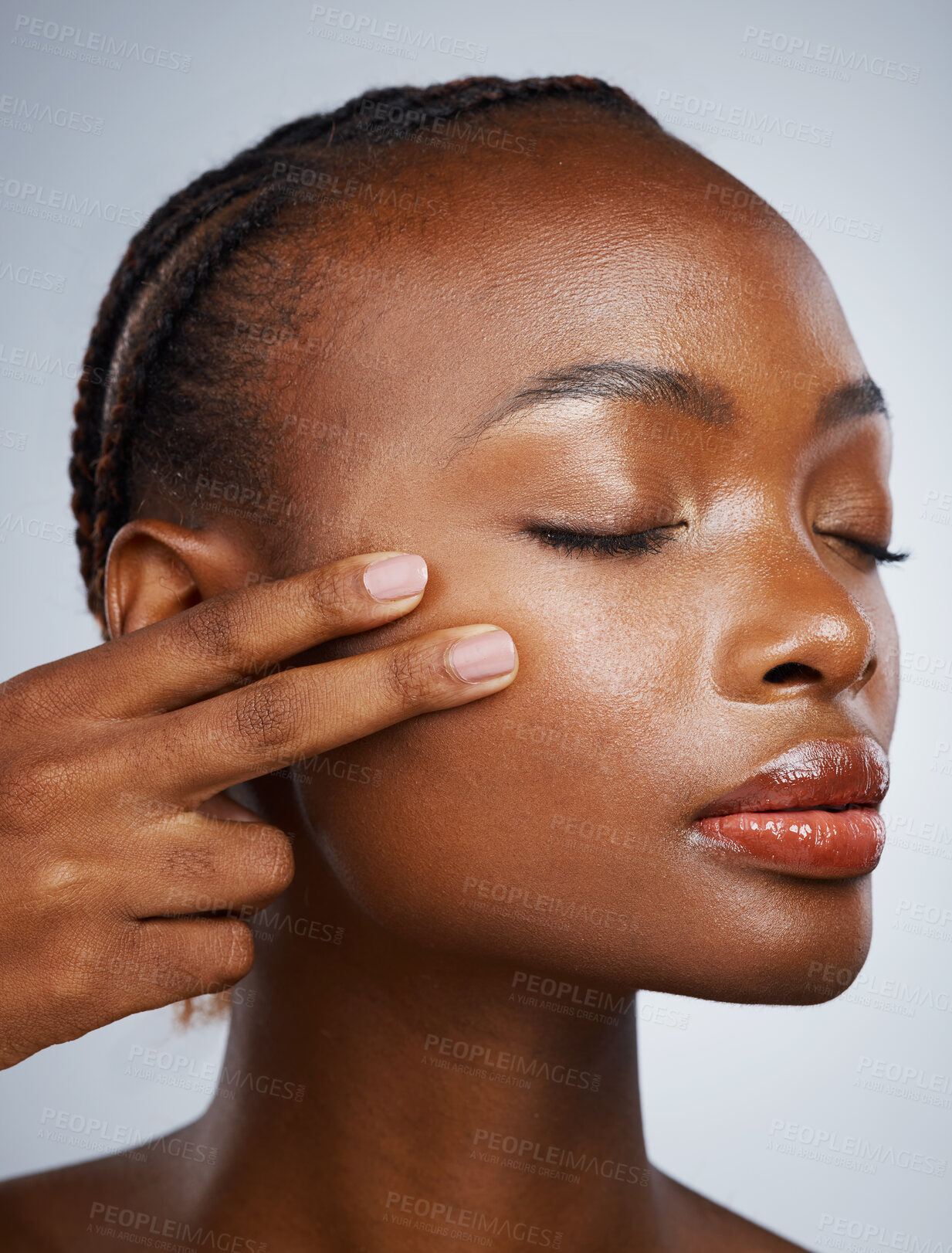 Buy stock photo Face of black woman, skincare beauty or smile for wellness in studio with facial cosmetics or glow. Natural detox, smooth or confident African girl model with dermatology results on white background