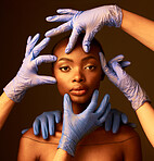 Portrait, hands and plastic surgery transformation with a black woman in studio on a dark background. Face, aesthetic or cosmetics and a young person getting ready for change with a team of doctors