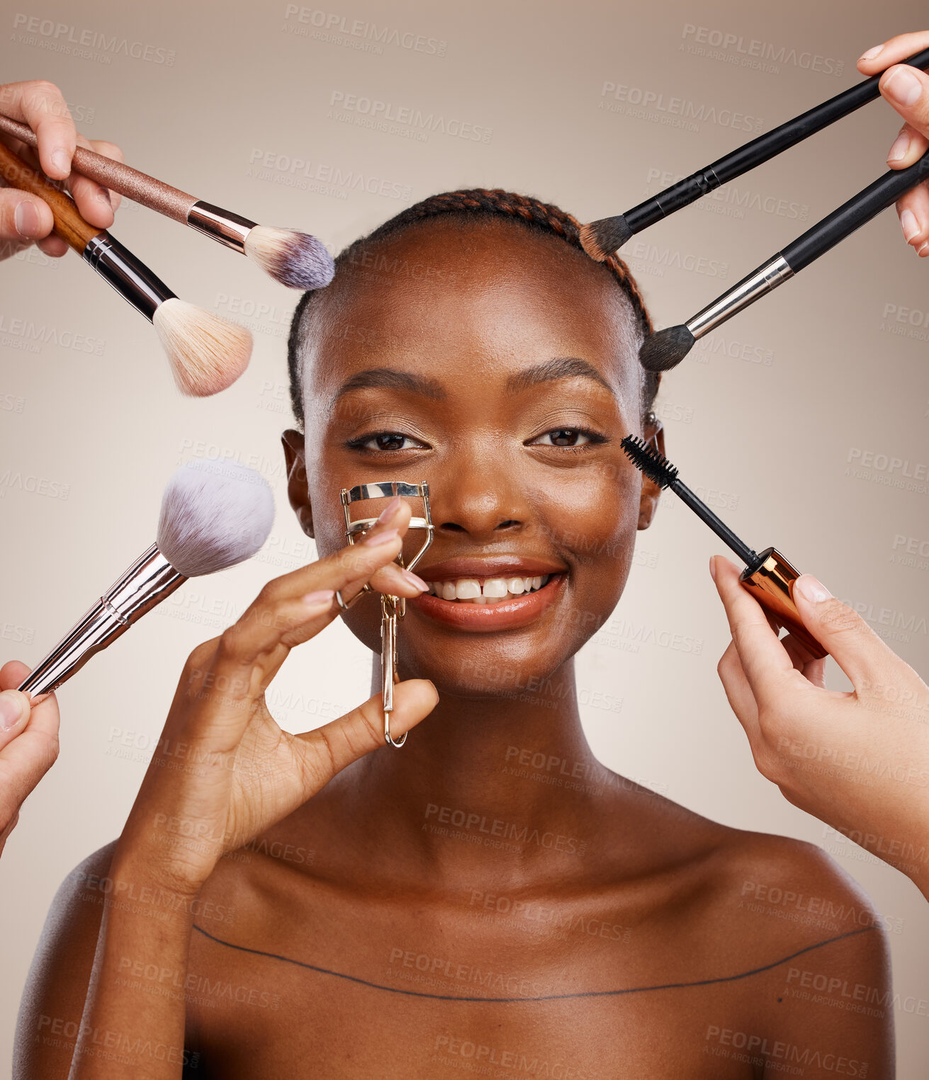 Buy stock photo Tools, hands and portrait of black woman and makeup for getting ready, beauty product and glow. Happy, group and people with equipment for an African model, cosmetics and artist application in studio