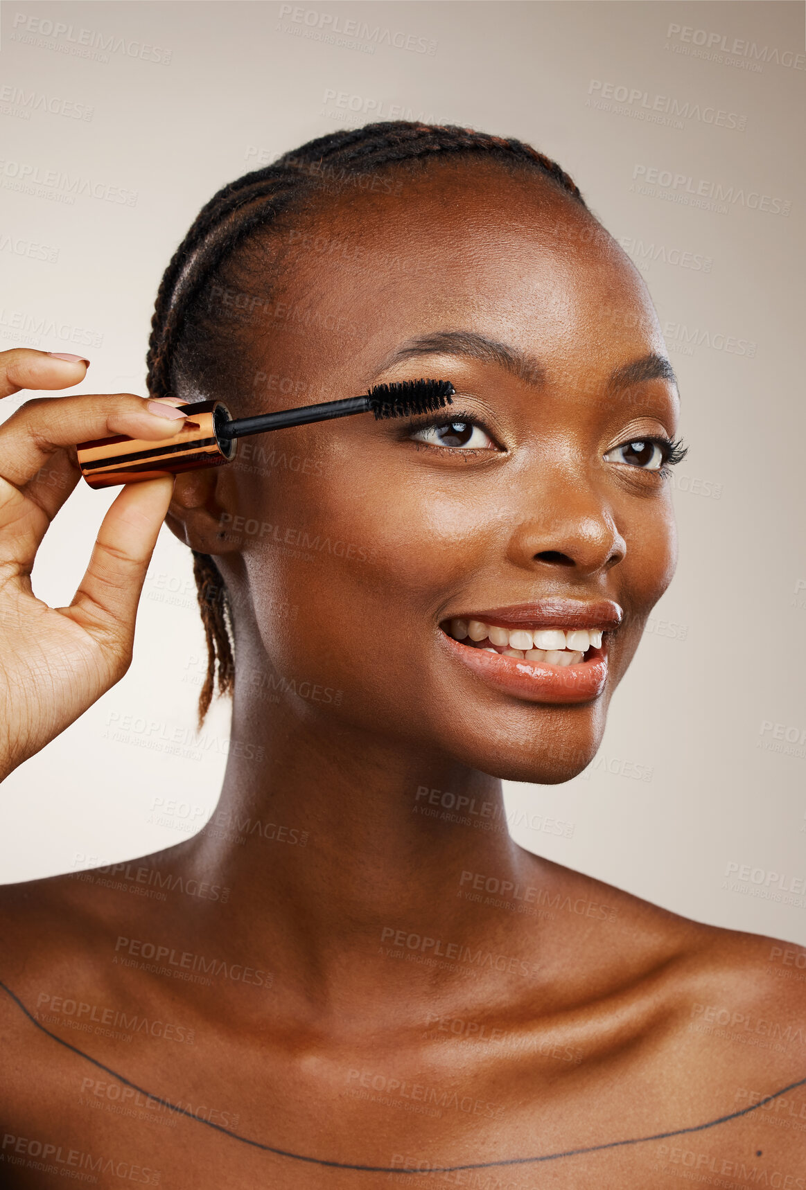 Buy stock photo Mascara, happy woman and makeup in studio for beauty, cosmetics and smile on brown background. African model, makeover and brush lashes for skincare application, aesthetic tools and eyelash extension