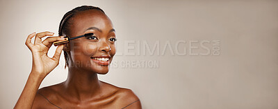 Buy stock photo Makeup, woman and mascara for beauty, cosmetics and eyelash extension in studio on brown background. Banner, african model and brush lashes for skincare application, mockup space and aesthetic tools