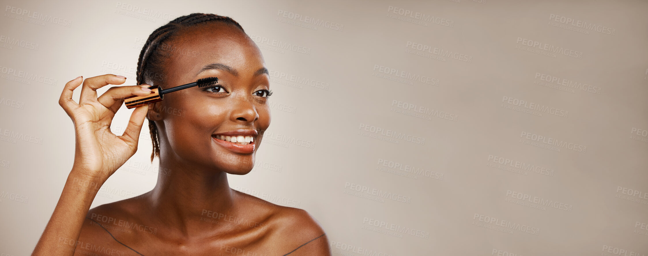 Buy stock photo Makeup, woman and mascara for beauty, cosmetics and eyelash extension in studio on brown background. Banner, african model and brush lashes for skincare application, mockup space and aesthetic tools