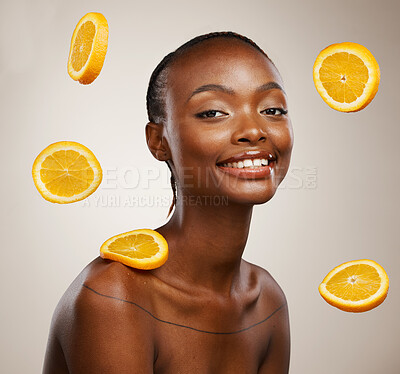 Buy stock photo Black woman, portrait and skincare with orange, fruit and natural vitamin c benefit in beauty or studio background. Citrus, cosmetics and face with glow, shine or wellness from dermatology or facial