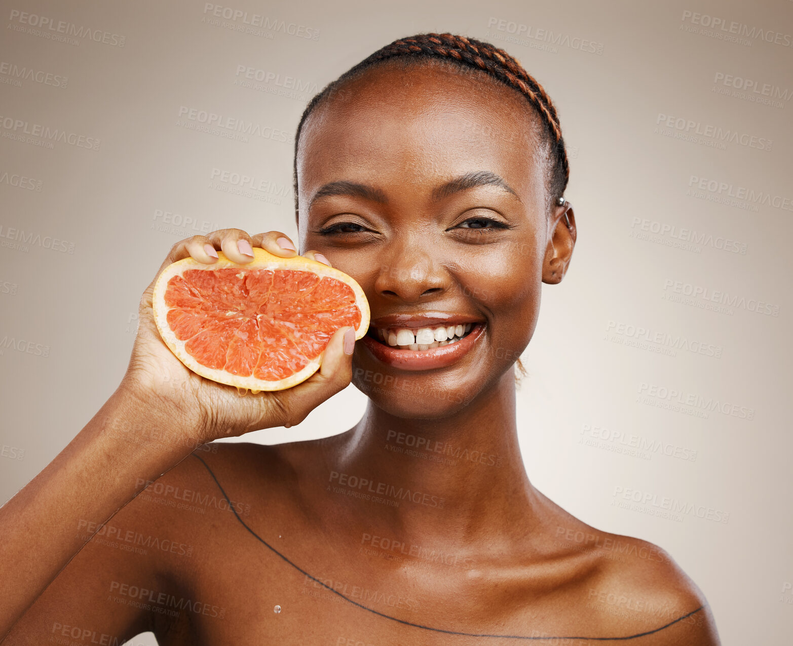 Buy stock photo Black woman, skincare and smile with grapefruit, beauty and cosmetics for healthy skin, vitamin c and facial. Portrait, wellness and glow for dermatology, natural and vegan with citrus, clean or face