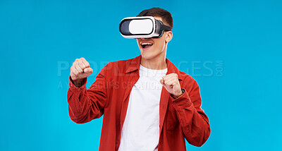 Buy stock photo Man, virtual reality and boxing with gaming and metaverse, esports and UX with software on blue background. Futuristic, 3D and technology with digital world, mockup space and challenge in studio