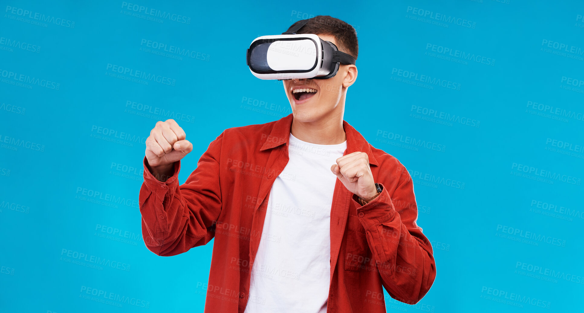 Buy stock photo Man, virtual reality and boxing with gaming and metaverse, esports and UX with software on blue background. Futuristic, 3D and technology with digital world, mockup space and challenge in studio