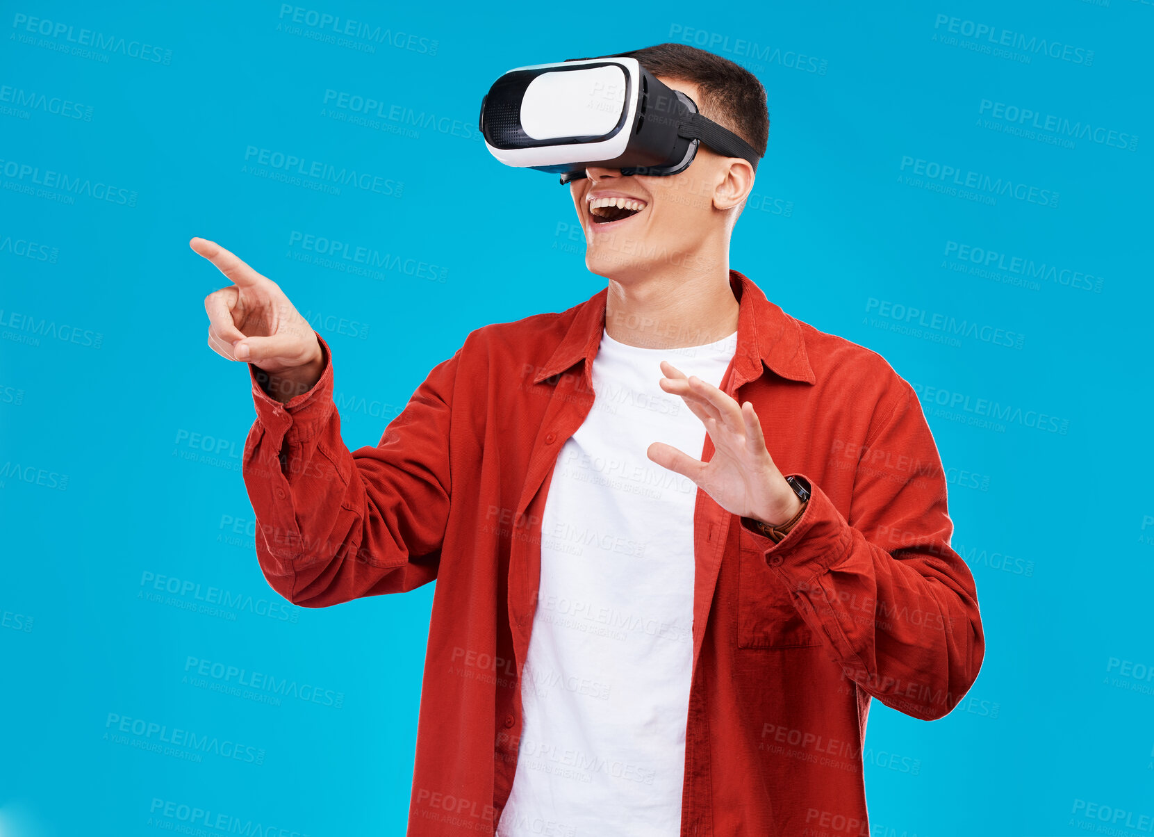 Buy stock photo Man, virtual reality and futuristic glasses for e learning, software or student wow for vision on a blue background. Excited person press in 3d video, VR technology and metaverse education in studio