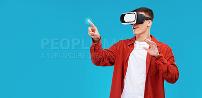 Buy stock photo Man, press and VR or futuristic glasses for education, 3d software or gaming in studio metaverse. Student in virtual reality, touch glow and fingerprint hologram on a blue background and banner space