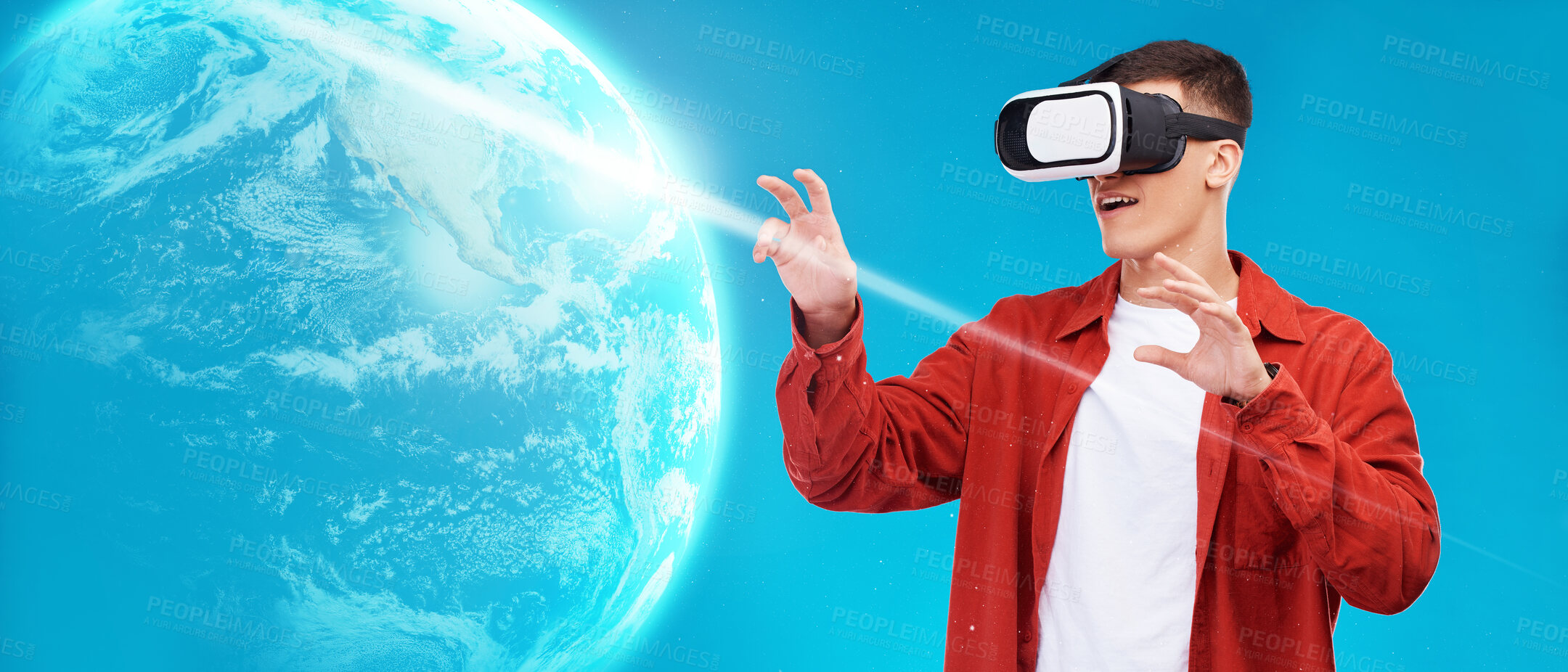 Buy stock photo Vr, metaverse or man with globe hologram for a global digital connection or network on blue background. Neon world, futuristic technology or person by 3d earth with virtual reality headset software 
