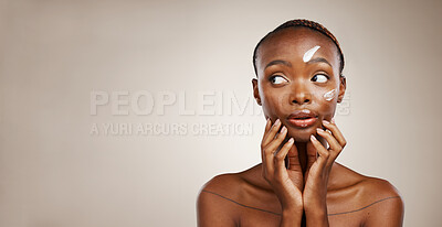 Buy stock photo Beauty, thinking and black woman with cosmetics, cream and wellness on grey studio background. African person, dermatology and model with creme, aesthetic and skincare with self care and mockup space