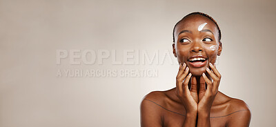 Buy stock photo Beauty, smile and black woman with skincare, cream and wellness on a grey studio background. African person, girl or model with creme, aesthetic or cosmetics with happiness, mockup space or self care