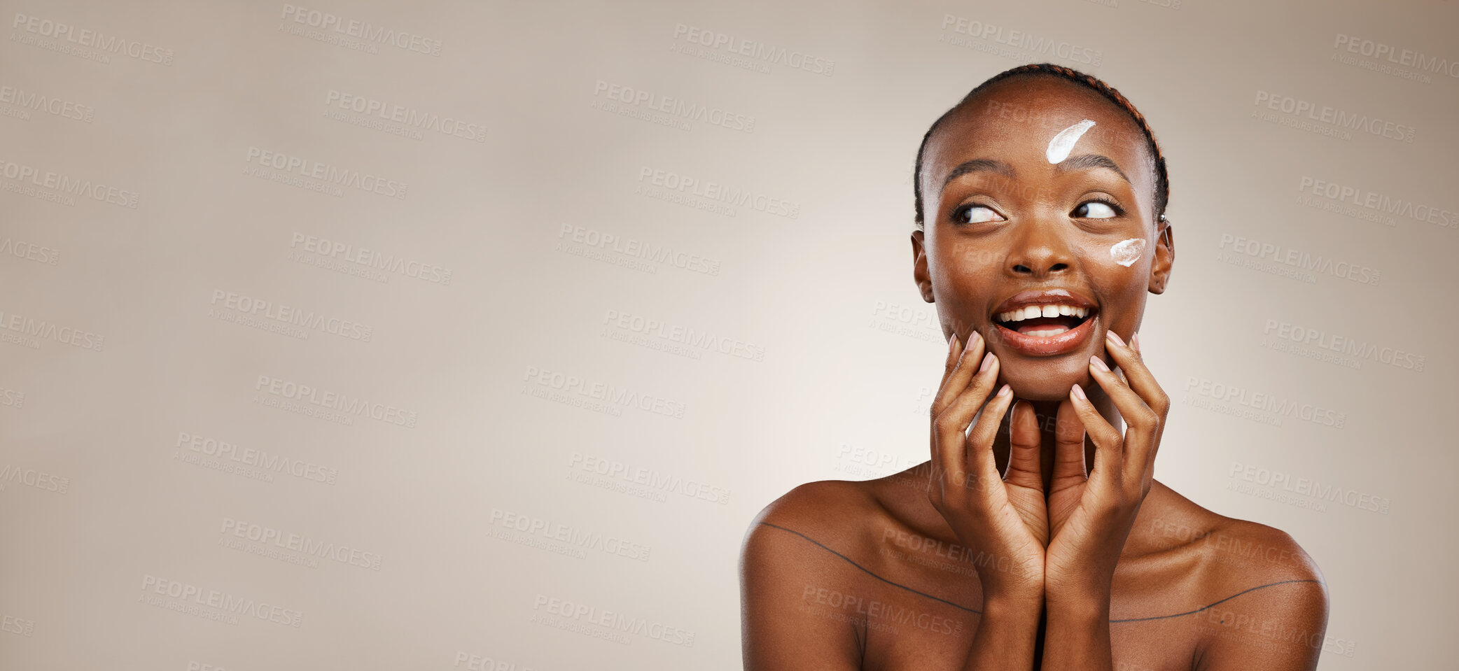 Buy stock photo Beauty, smile and black woman with skincare, cream and wellness on a grey studio background. African person, girl or model with creme, aesthetic or cosmetics with happiness, mockup space or self care