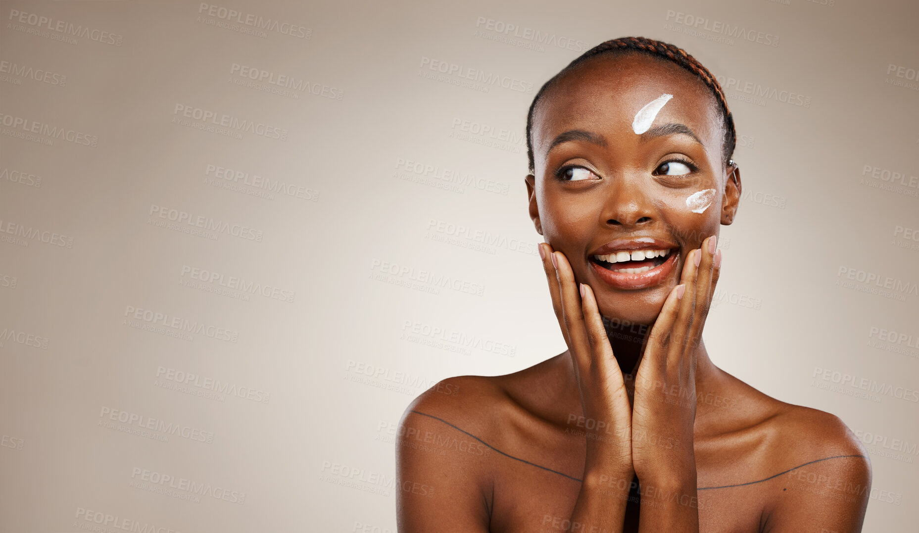 Buy stock photo Beauty, smile and black woman with cream, thinking or dermatology on a grey studio background. African person, girl or model with creme, aesthetic or cosmetics with skincare mockup space or self care