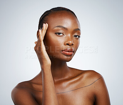 Buy stock photo Portrait of black woman, natural beauty or healthy skin for wellness in studio with cosmetics or glow. Dermatology, detox or confident African girl model with skincare results on white background