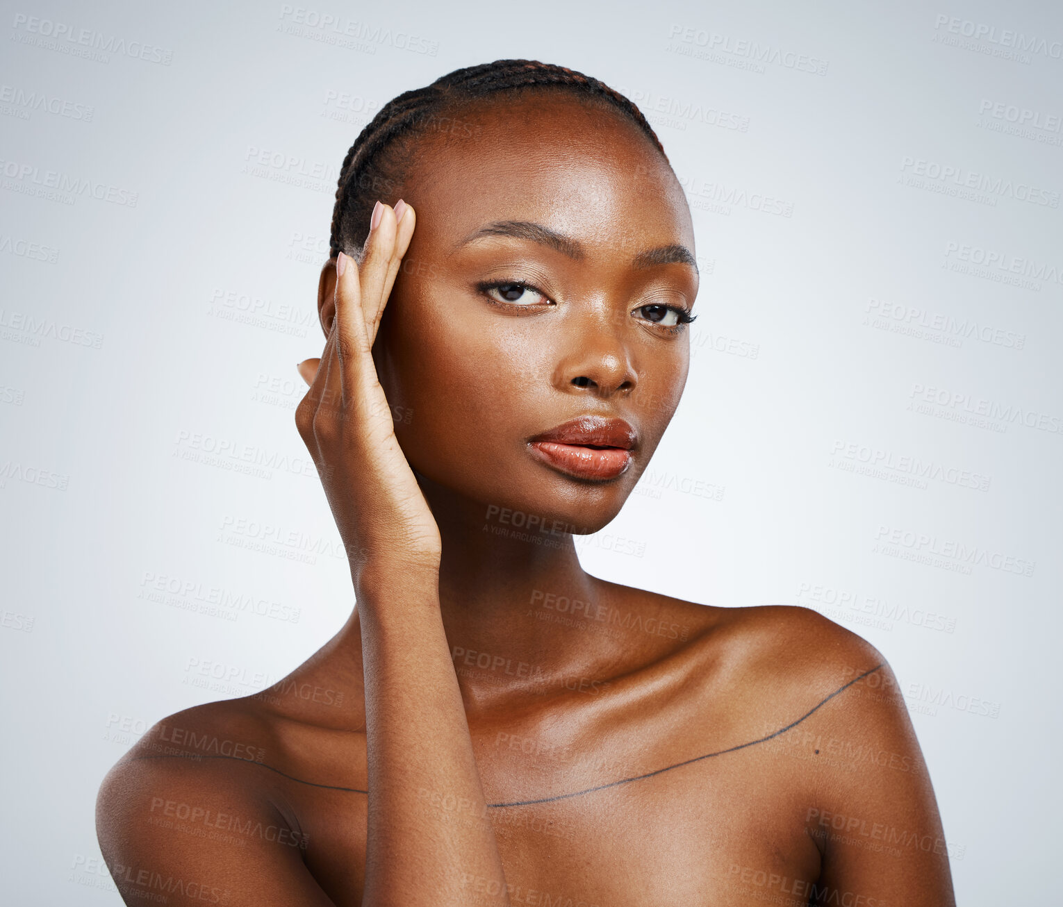 Buy stock photo Portrait of black woman, natural beauty or healthy skin for wellness in studio with cosmetics or glow. Dermatology, detox or confident African girl model with skincare results on white background