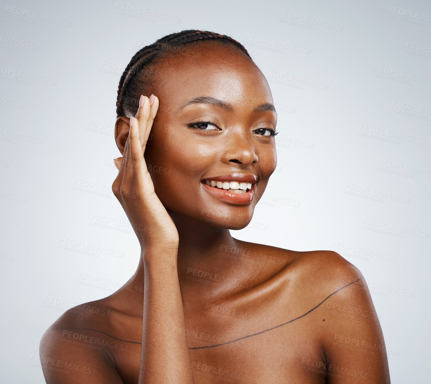 Buy stock photo Portrait of happy black woman, natural beauty or smile for wellness in studio with cosmetics or glow. Dermatology, face shine or confident African girl model with skincare results on white background