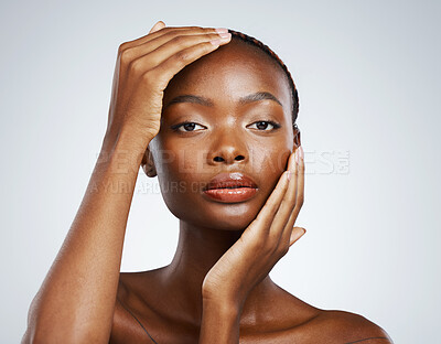 Buy stock photo Portrait of black woman, natural beauty or dermatology for wellness in studio with cosmetics or glow. Healthy skin, detox or confident African girl model with skincare results on white background