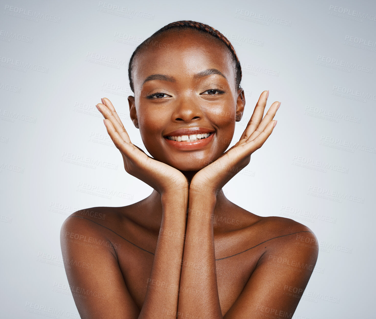 Buy stock photo Portrait, smile and beauty with skincare and black woman in studio on a gray background for touch or natural wellness. Frame, spa or luxury and a young model with cosmetic or antiaging treatment