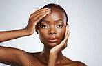 Portrait of black woman, aesthetic or natural beauty with wellness in studio with cosmetics or glow. Dermatology, clean detox or confident African girl model with skincare results on white background