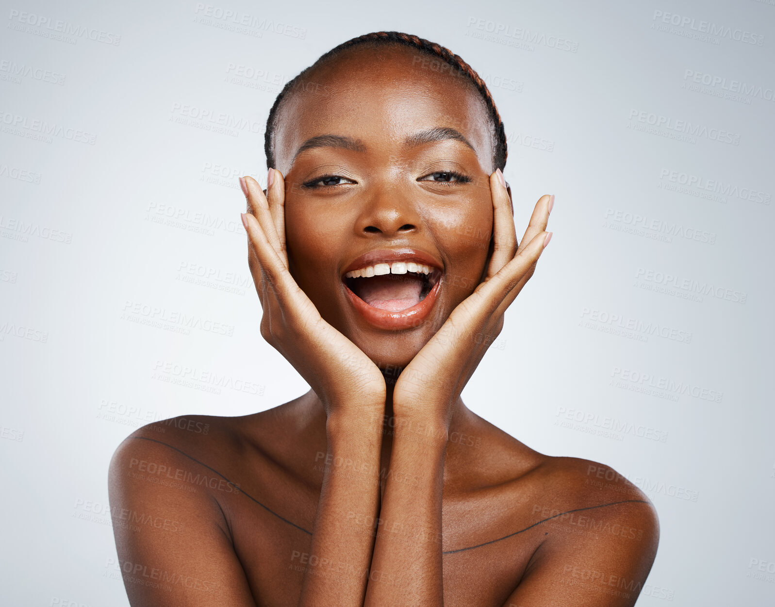 Buy stock photo Portrait, skincare and hands on the cheek of a black woman in studio on a gray background for beauty or natural wellness. Face, spa or luxury and a young model with cosmetic or antiaging treatment