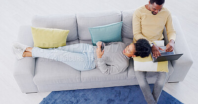 Buy stock photo Top view, home and couple with a smartphone, laptop and relaxing with connection, network and search internet. Apartment, man and woman on a couch, cellphone and pc with website information and relax