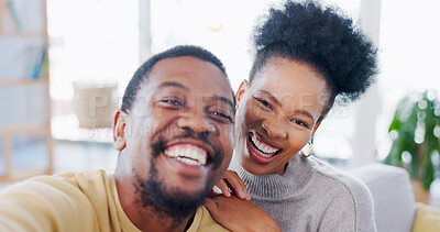Buy stock photo African couple, selfie and sofa with smile, hug and post on web blog, love and bonding in home. Black woman, man and photography for happy memory, profile picture and romance on social media in house