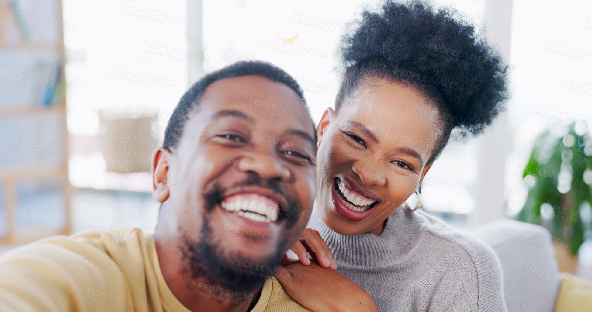 Buy stock photo African couple, selfie and sofa with smile, hug and post on web blog, love and bonding in home. Black woman, man and photography for happy memory, profile picture and romance on social media in house