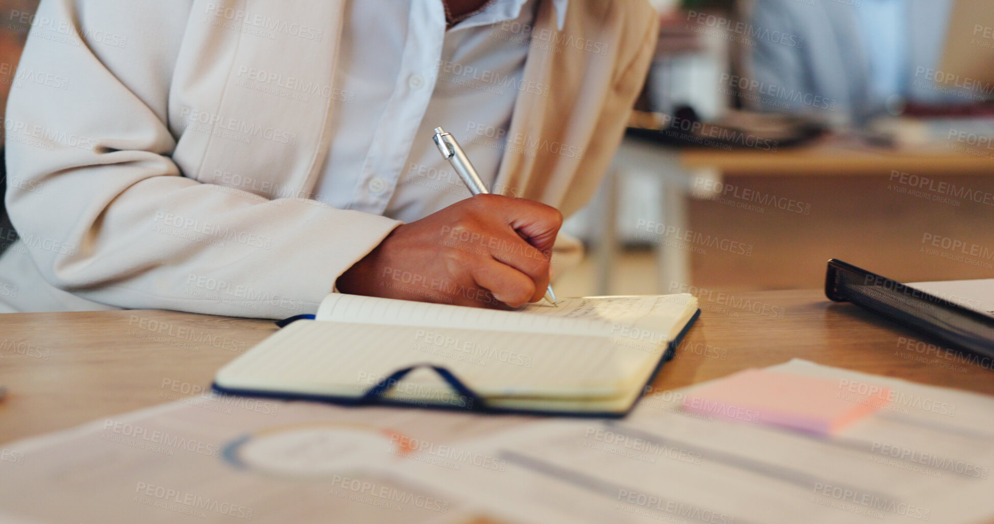 Buy stock photo Closeup, hand and writing in a notebook for planning, work schedule and an agenda at a company. Business, desk and a corporate employee with a strategy, working on a letter or a writer with goals