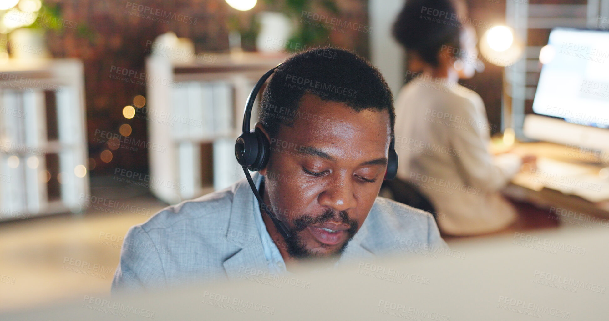 Buy stock photo African man, call center and computer in thinking, talk or night for telemarketing, voip mic or contact us. Consultant, crm and tech support agent for customer service, idea or questions at help desk