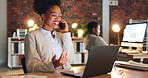 Phone call, laptop and business woman at night working on project, research and website in dark office. Corporate, computer and person on smartphone for contact, communication and discussion at desk