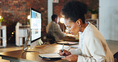 Buy stock photo Black woman, writing and notes or planning in coworking office with journal and work schedule in a notebook. Working, female professional and proposal or writer ideas for blog and tech article