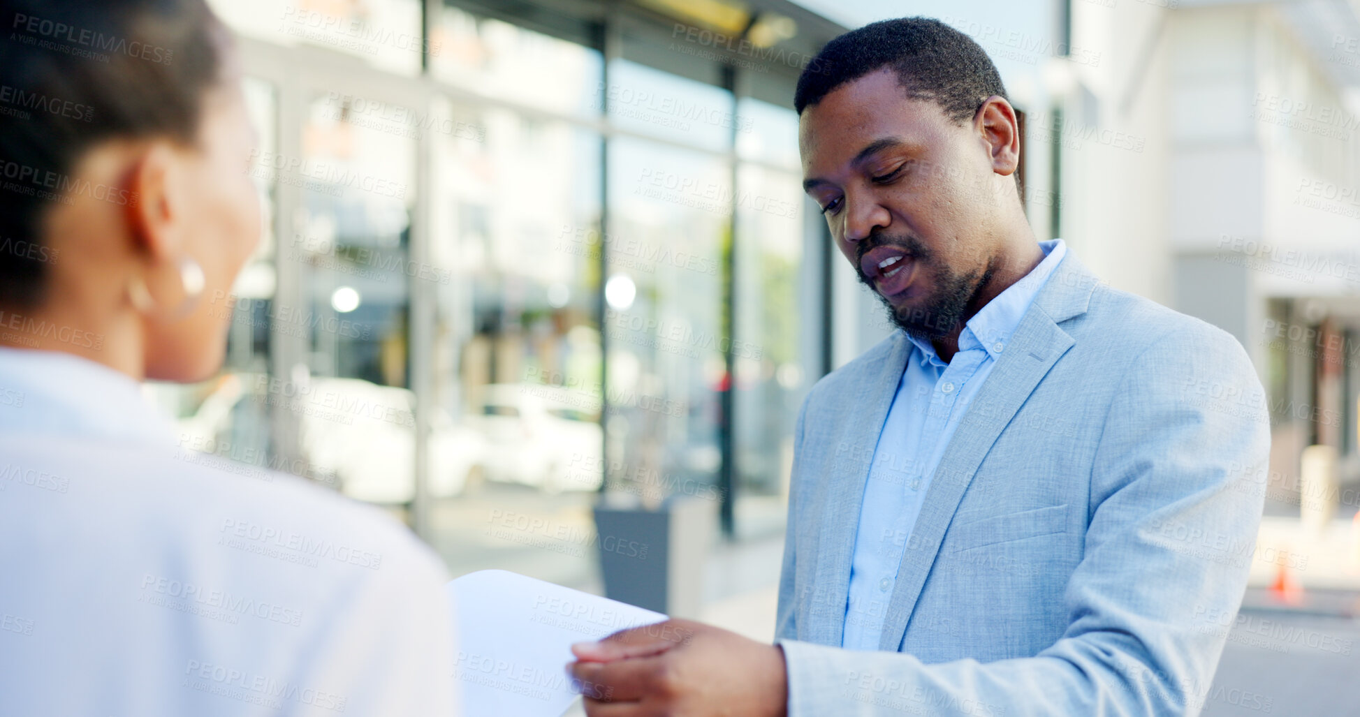 Buy stock photo Service, offer and a businessman or salesman talking to a client about a deal in a city or town. Advice, communication and male agent having a conversation in the street with a customer for retail